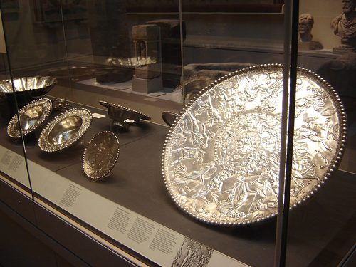 The Mildenhall Treasure displayed in the Roman Britain gallery, British Museum.