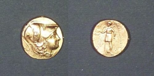 Gold stater of Alexander the Great, with Athena on one side and Victory on the other.