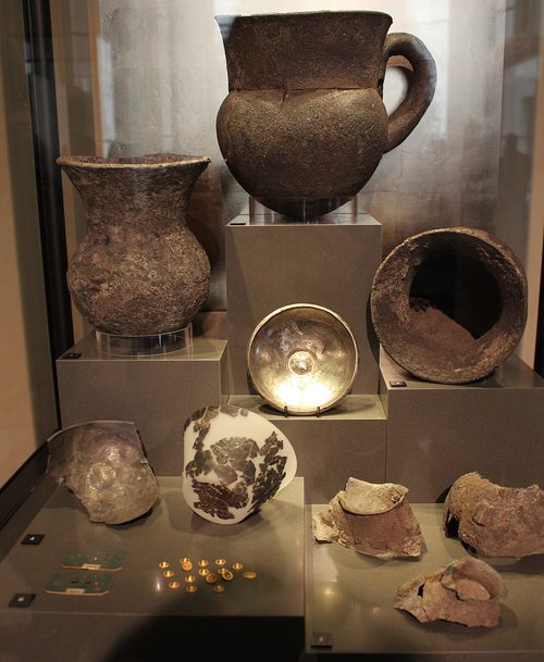 Silver vessels from the treasure in the Schliemann Hall, Neues Museum, Berlin.