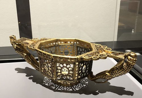 One of the two openwork polygonal cups, originally inlaid with garnets and other stones.