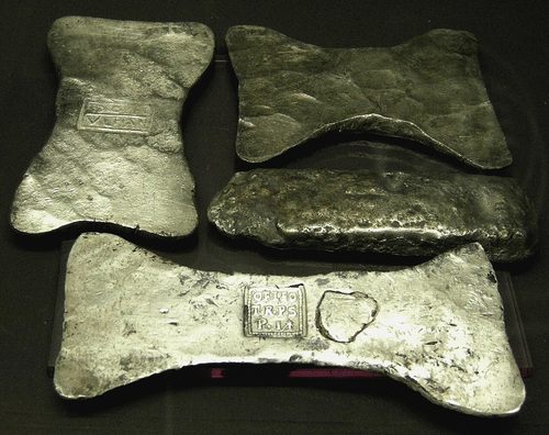 Late Roman silver ingots on display at the Roman Museum, Canterbury.