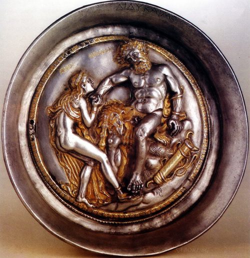 Silver phiale with a gilded scene of Heracles and Auge.