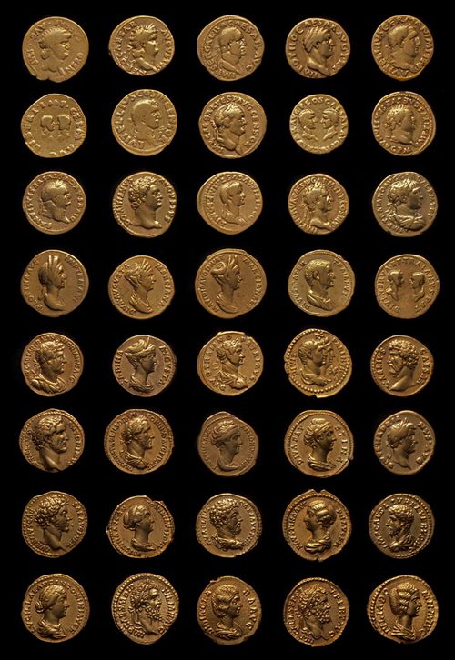 A selection of coin portraits of the emperors and empresses in the hoard.