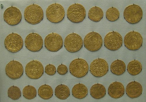 A selection of English and foreign gold coins from the hoard, British Museum.