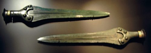 The two bronze swords buried with the sky disc. State Museum of Prehistory, Halle.