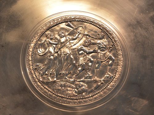 Centre of the Achilles dish: Achilles unmasked among the daughters of Lycomedes.