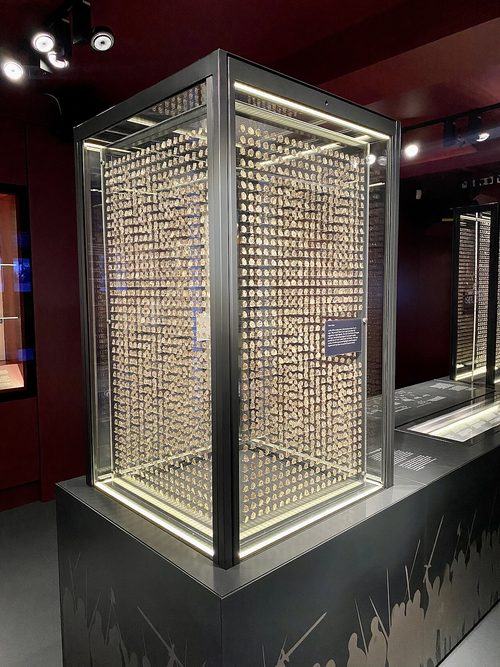 The hoard's coins mounted in a tall glass case at Aylesbury.