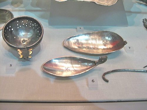 Silver strainer and spoons from the treasure, National Museum of Scotland.