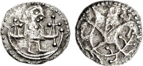 Silver sceat of Series U, c. 710-735, probably from the upper Thames: a standing figure and a bird (0.84 g).