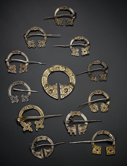 The twelve Pictish silver penannular brooches from the St Ninian's Isle treasure, Shetland, about 800. National Museum of Scotland.