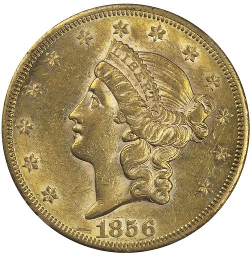 An 1856 $20 double eagle of the same design as the hoard's top coin (an 1856-O); this example is not from the hoard.