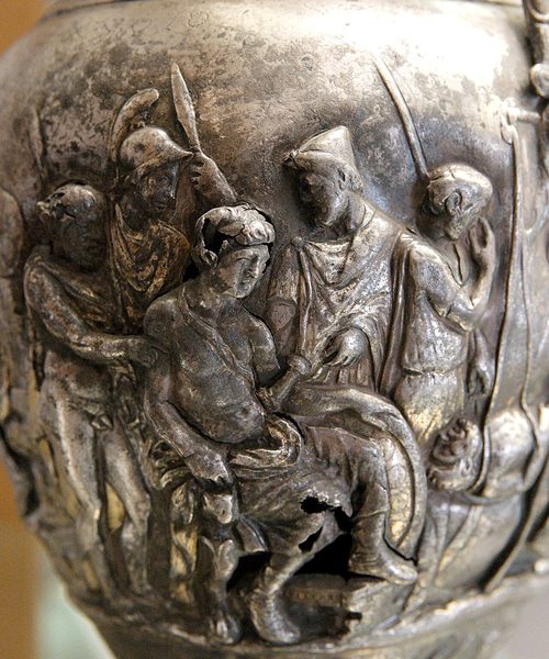 Trojan War scene on a jug dedicated by Quintus Domitius Tutus, BnF, Paris.