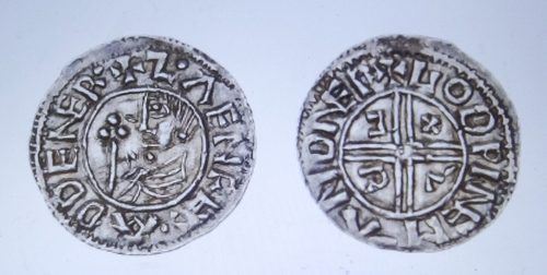 Penny of Sweyn Forkbeard, about 995, reading ZVEN REX AD DENER; Swedish History Museum.