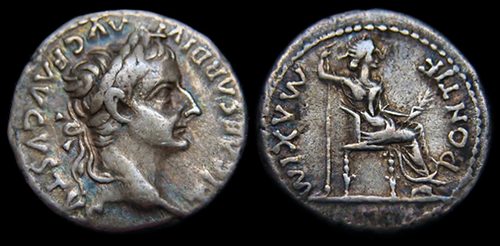 Silver denarius of Tiberius (AD 14-37), the type often called the 'tribute penny'.