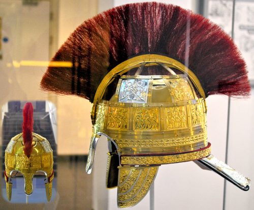 Modern replica of the Staffordshire helmet, made from the evidence of the hoard fragments, Birmingham Museum and Art Gallery.