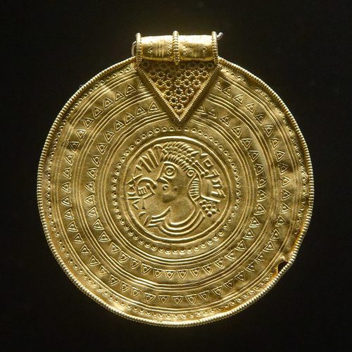 A-type gold bracteate with an imperial-style bust, from a hoard at Over Hornbæk, Jutland, about 450-600. National Museum of Denmark.