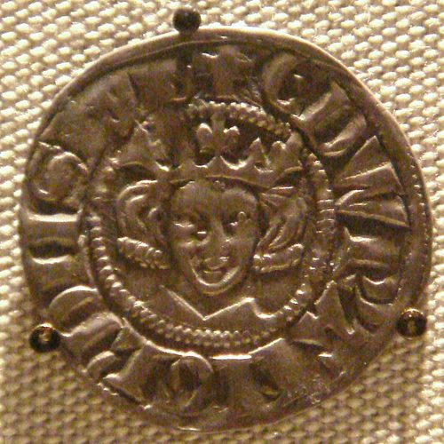 An Edward I penny of the kind found at Tutbury, displayed at the Tower of London (not from the hoard).
