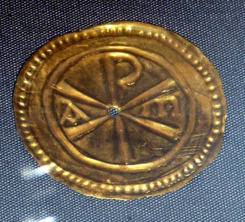 Gold votive plaque with the Chi-Rho, alpha and omega, British Museum.