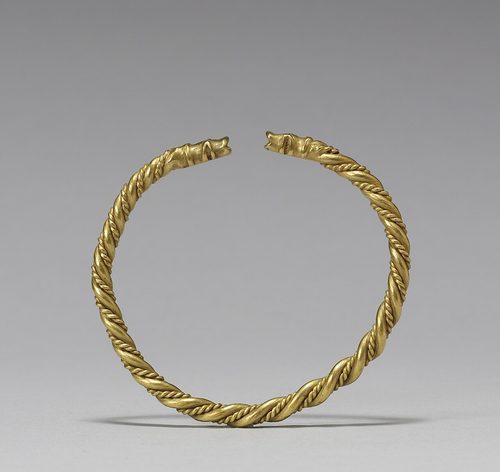 Gold arm-ring twisted from thick and thin rods, with animal-head terminals, 9th-11th century, Walters Art Museum, Baltimore.