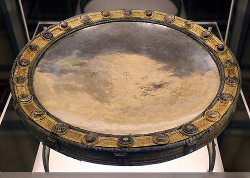 The Derrynaflan paten on its bronze stand. National Museum of Ireland, Dublin.
