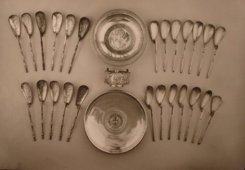 The treasure as first published by O. M. Dalton around 1900: dishes, censer and spoons.