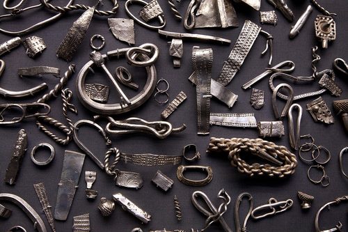 Detail of the hoard: brooch fragments, twisted rings and cut silver, British Museum.