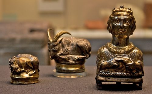 Silver pepper pots from the hoard: a hare and hound, an ibex and the 'Empress' bust, British Museum.