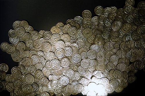 A 13th-century hoard of about 600 silver bracteates of Magdeburg, from Trebbin, Brandenburg. Bode-Museum, Berlin.