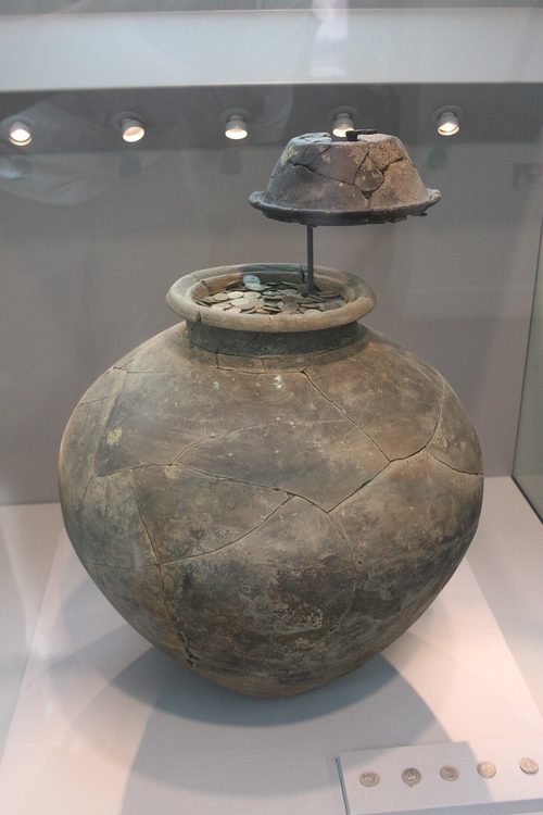 The pot and lid on display at the Museum of Somerset, Taunton.
