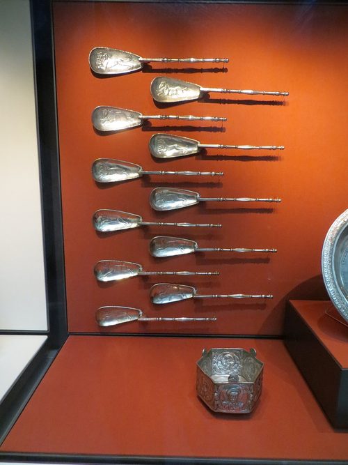 Spoons engraved with running animals and the hexagonal censer, British Museum.