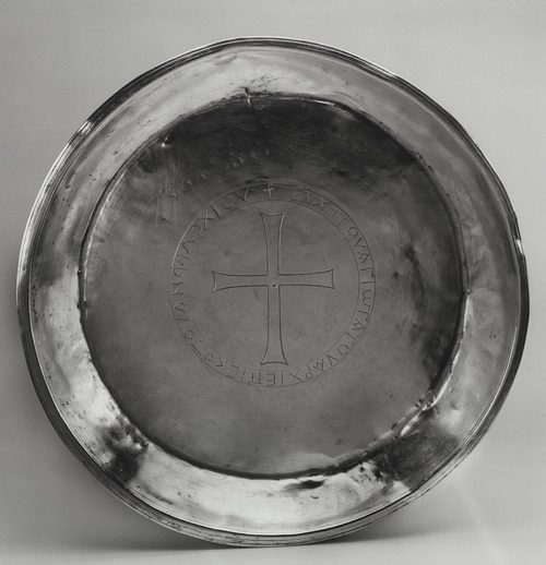 Silver paten with an engraved cross and dedicatory inscription, from the same Syrian church treasure, Walters Art Museum.