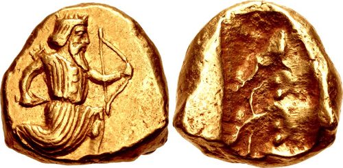 A Persian gold daric of about 375-340 BC, 8.33 g: the king as a running archer, and a plain oblong punch on the back.