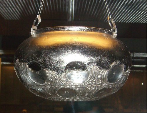 The hanging bowl from the Water Newton Treasure, displayed on a support that shows its original shape, British Museum.