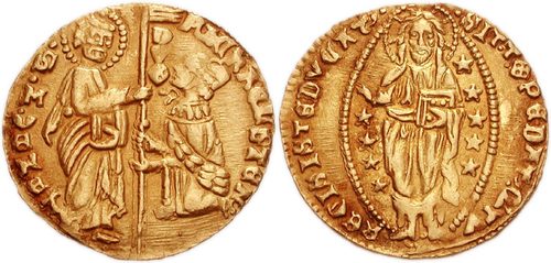 Gold ducat of Doge Michele Steno of Venice (1400-13): the doge kneels before St Mark; Christ stands among stars.