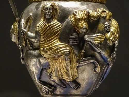 Detail of a gilded silver jug with a figured frieze, Vratsa.