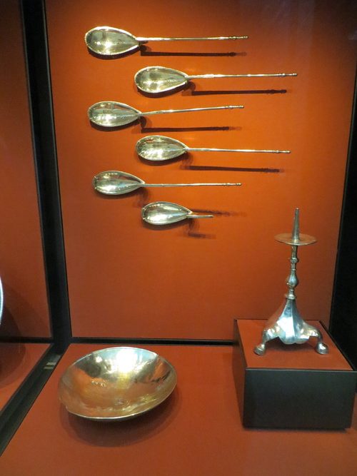 Spoons, lampstand and bowl from the treasure as displayed in the British Museum.